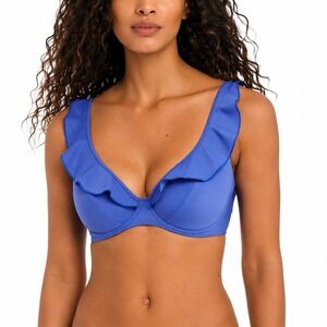 Freya Women's Bikini Top Jewel Cove High Apex Ruffle 32I Azure Blue NWT
